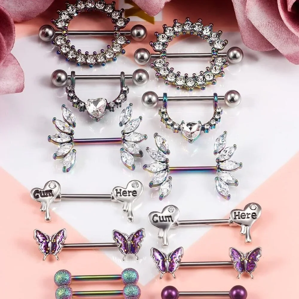 Butterfly Nipple Rings Stainless Steel 14G 14mm Jewelry for Women 7 Pairs
